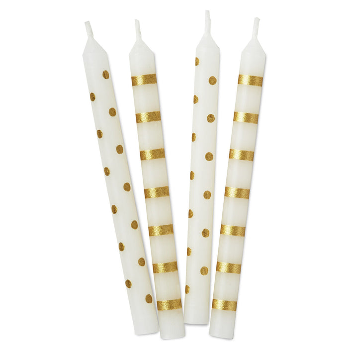 Gold Stripes and Polka Dots on White Birthday Candles