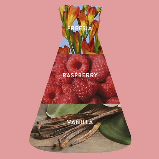 Product packaging with images of freesia, raspberries, and vanilla beans on a pink background.