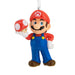 Decorative ornament of a character in red cap and blue overalls holding a mushroom, on a white background.