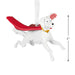 A white dog-shaped hanging ornament with a red wing or tail-like shape behind it and a yellow collar, shown on a white background with a 2-inch height marker.