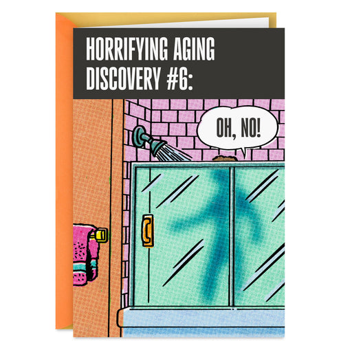 Card with a colorful illustration of a door and text 'Horrifying Aging Discovery #6: Oh, No!' on a white background.