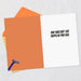 Greeting card with orange envelope and humorous text on a light gray background