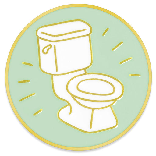 A circular enamel pin featuring a white toilet illustration outlined in gold on a pale mint green background with gold rays and a gold border.