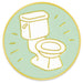 A circular enamel pin featuring a white toilet illustration outlined in gold on a pale mint green background with gold rays and a gold border.