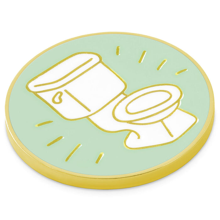 Circular object with a toilet illustration on a light green background