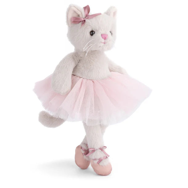 Plush cat toy in a pink ballet outfit on a white background