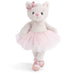 Plush toy cat in a ballerina outfit with a pink bow on a white background