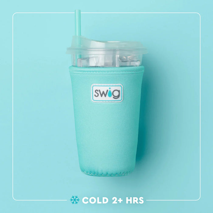 Turquoise tumbler with a lid and straw on a light blue background, featuring the Swig brand.