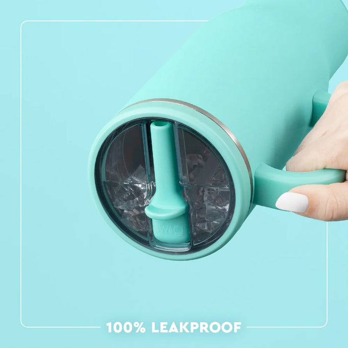 Turquoise tumbler with a straw holder on a light blue background, labeled '100% leakproof'.