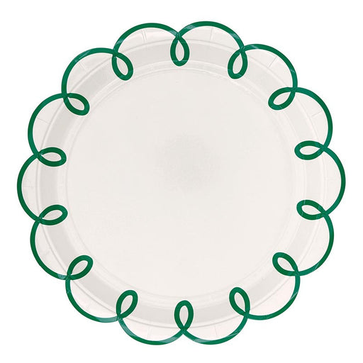 A white paper plate with a scalloped edge decorated with a green looped border pattern, shown against a plain white background.
