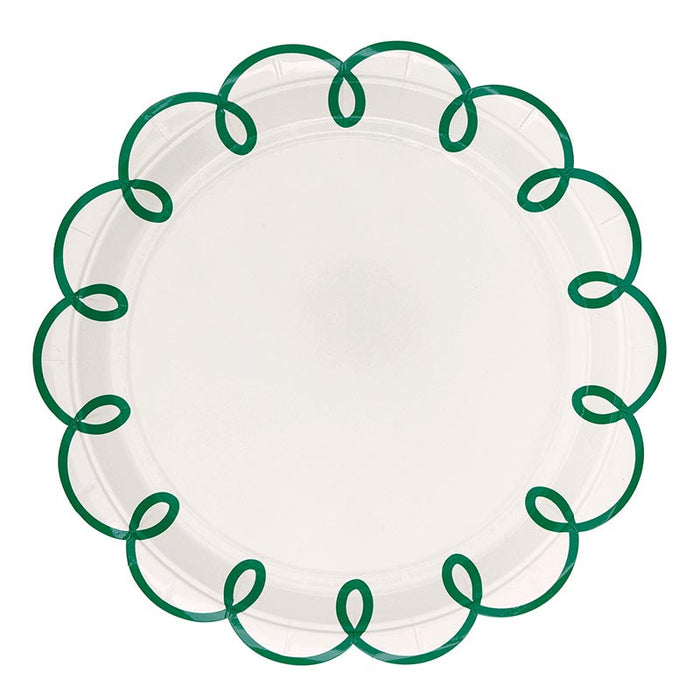 A white paper plate with a scalloped edge decorated with a green looped border pattern, shown against a plain white background.