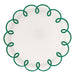 A white paper plate with a scalloped edge decorated with a green looped border pattern, shown against a plain white background.