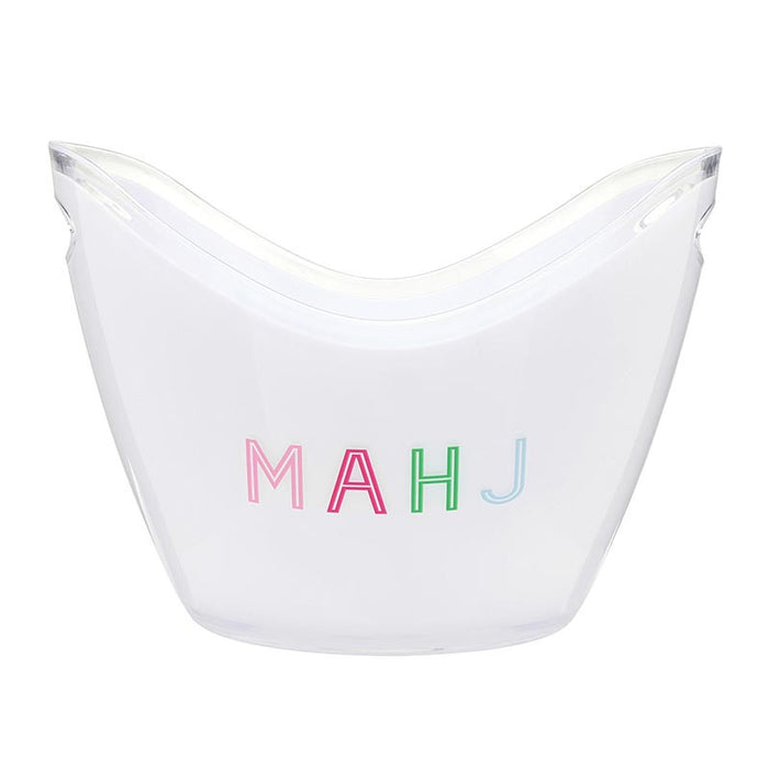 Clear plastic tub with 'MAHJ' letters in colorful font on a white background