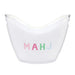 Clear plastic tub with 'MAHJ' letters in colorful font on a white background