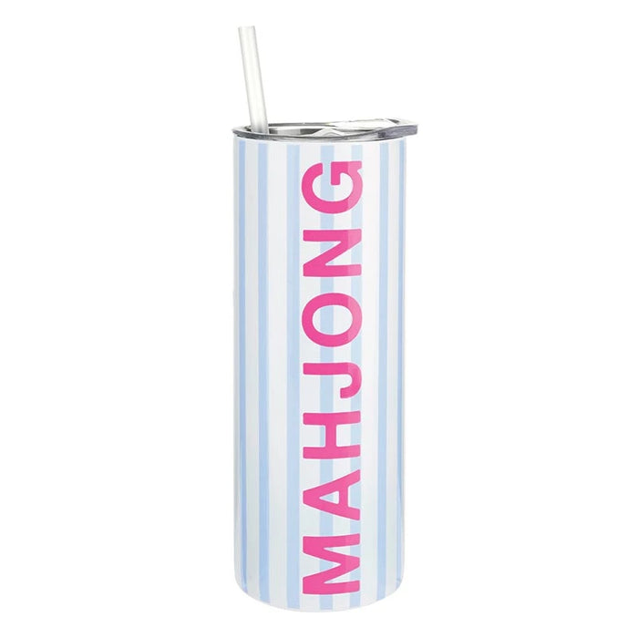 A tall, skinny stainless steel tumbler with a clear straw, featuring vertical light blue and white stripes and the name 'MAHJONG' printed vertically in bright pink on the front.