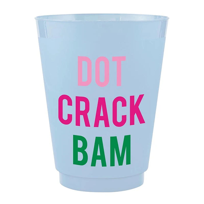 A light blue plastic shot glass featuring the text 'DOT CRACK BAM' in pink, magenta, and green lettering, set against a plain white background.
