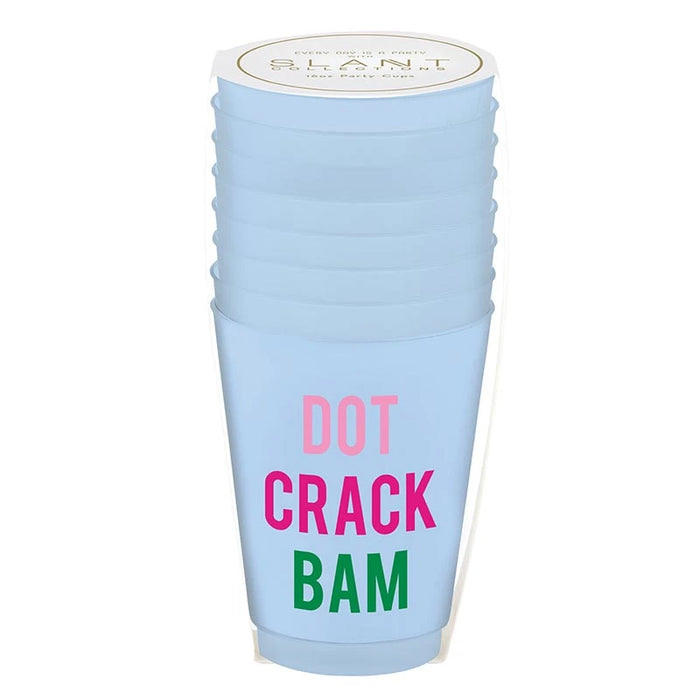 Light blue cups stacked with colorful text on a white background