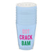 Light blue cups stacked with colorful text on a white background