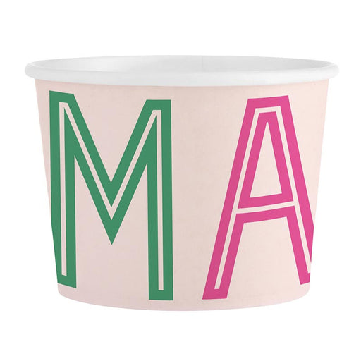Paper cup with 'MA' letters in green and pink on a light pink background