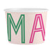 Paper cup with 'MA' letters in green and pink on a light pink background