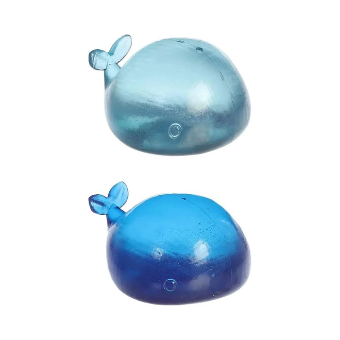 Two whale-shaped translucent water balloons in light blue and dark blue, shown against a plain white background.