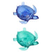 Two transparent blue and green turtle toys on a white background