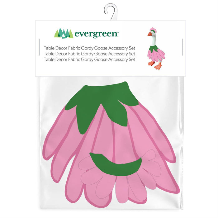 Packaged fabric accessory set for a goose with 'evergreen' branding on a white background