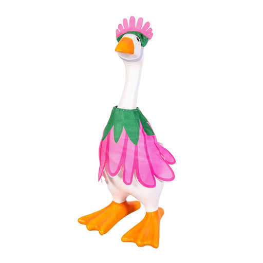 A white goose figurine wearing a pink flower skirt and green floral collar, with an orange beak and feet, and a pink crown, isolated on a white background.