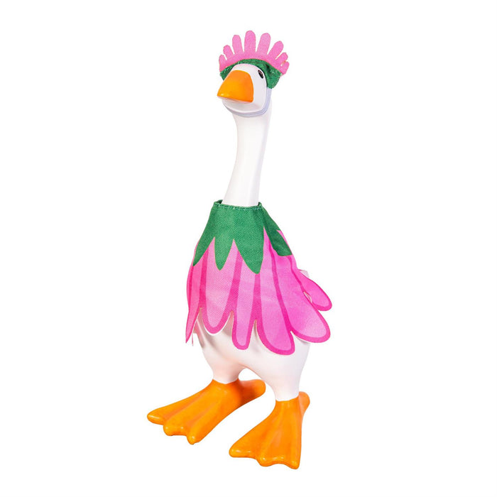 A white goose figurine wearing a pink flower skirt and green floral collar, with an orange beak and feet, and a pink crown, isolated on a white background.