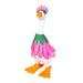 A white goose figurine wearing a pink flower skirt and green floral collar, with an orange beak and feet, and a pink crown, isolated on a white background.