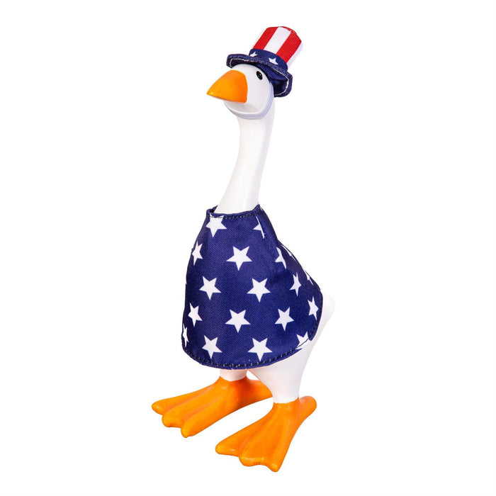 Toy goose with American flag hat and skirt on a white background