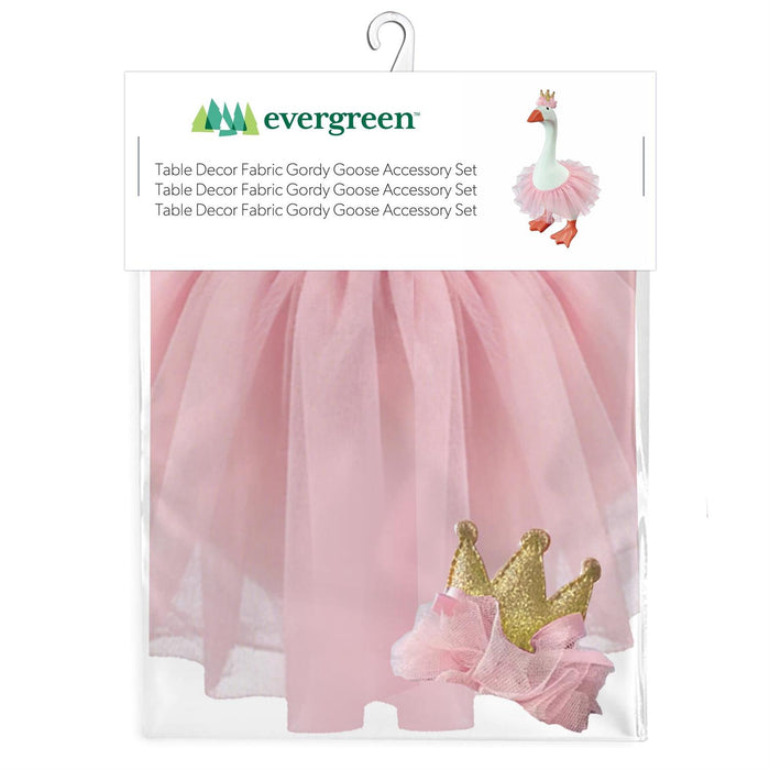 Pink fabric with gold crown accessory set on a white background, branded 'evergreen'.