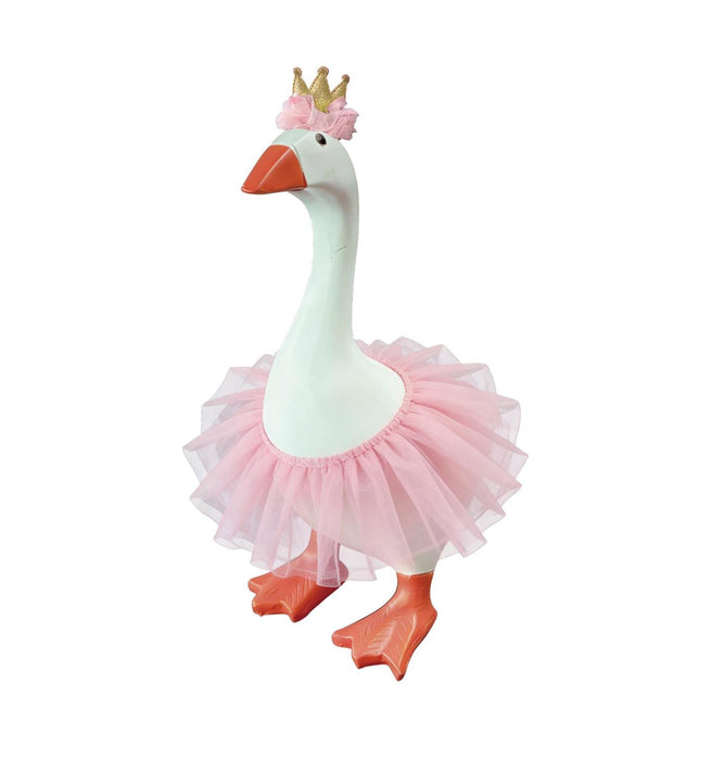 Decorative goose figurine wearing a pink tutu and crown on a white background