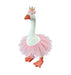 Decorative goose figurine wearing a pink tutu and crown on a white background