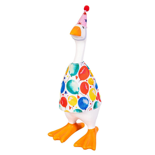 Colorful duck toy with a patterned body on a white background