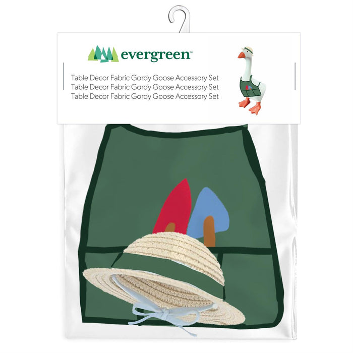 Packaged table decor fabric set with hats and a goose accessory, branded 'evergreen'.
