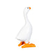 A white goose figurine with bright orange beak, feet, and eye, standing on a plain white background.