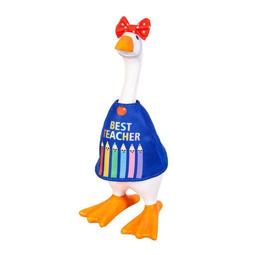 Toy duck wearing a blue shirt with 'Best Teacher' text on a white background