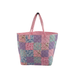 Quilted tote bag with patchwork design in pink, purple, and blue on a white background