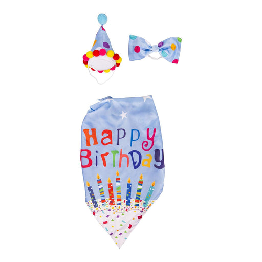 Dog birthday outfit with hat, bow tie, and bib on a white background