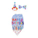 Dog birthday outfit with hat, bow tie, and bib on a white background