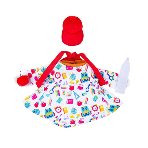 Colorful apron with educational icons, red cap, and cherry on a white background