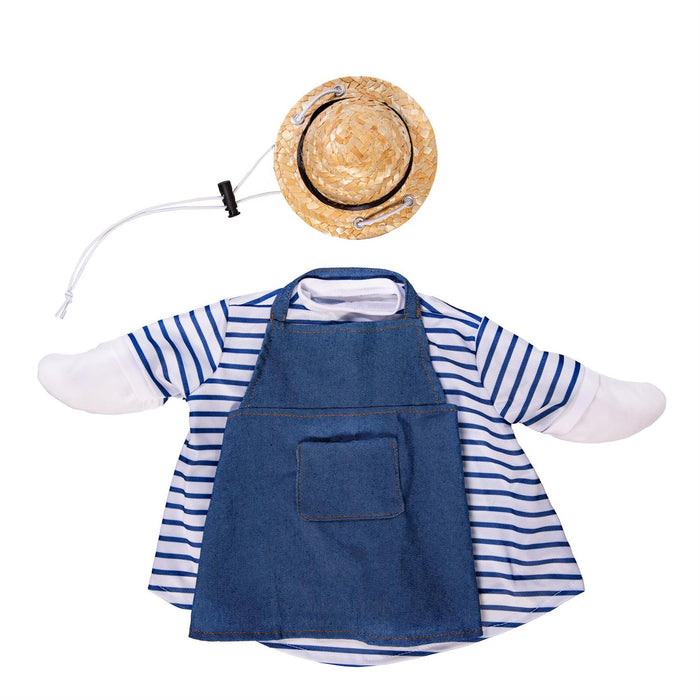 Children's outfit with blue apron, striped shirt, and straw hat on a white background