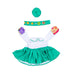 Children's costume set with green dress, white shirt, and accessories on a white background