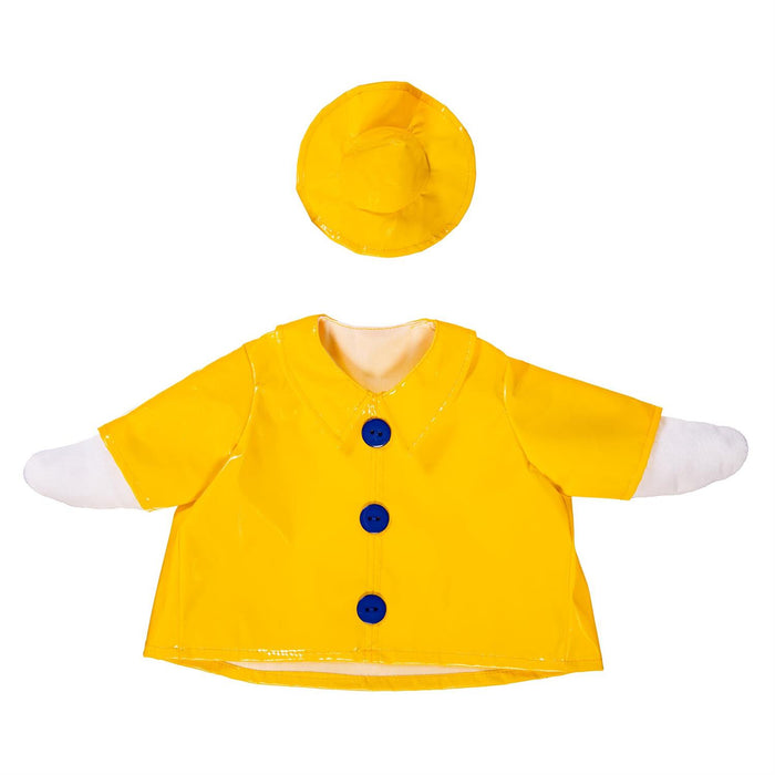 Yellow raincoat with blue buttons and matching hat on a white background