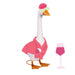 Decorative goose figure in a pink outfit with a glass of wine on a white background