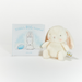 Plush bunny toy next to a children's book on a white background