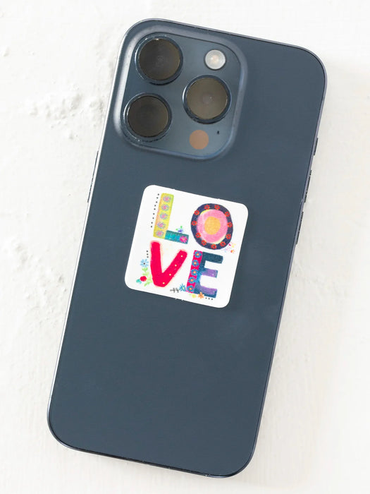 Phone case with a colorful 'LOVE' design on a white background