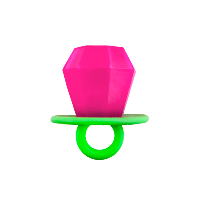 Pink diamond-shaped pacifier with a green base on a white background
