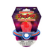 Squishy toy packaging with red toy and purple and blue accents on a white background
